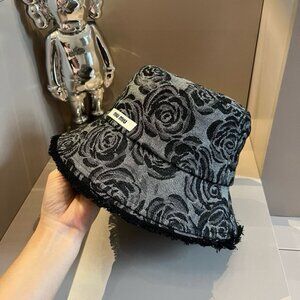 Miu Miu Black and Gray Rose Pattern Hat